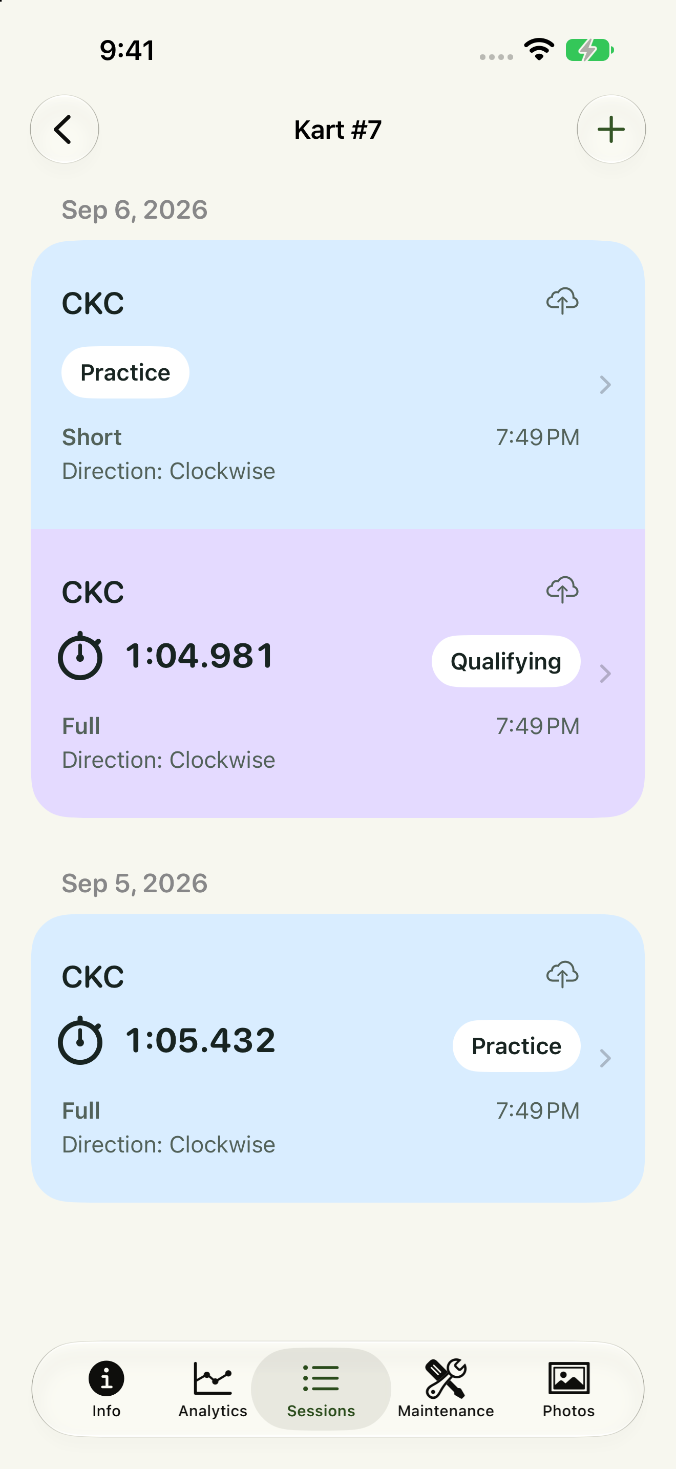 KartTrackerAI 4.0 session history showing example lap times and track layouts