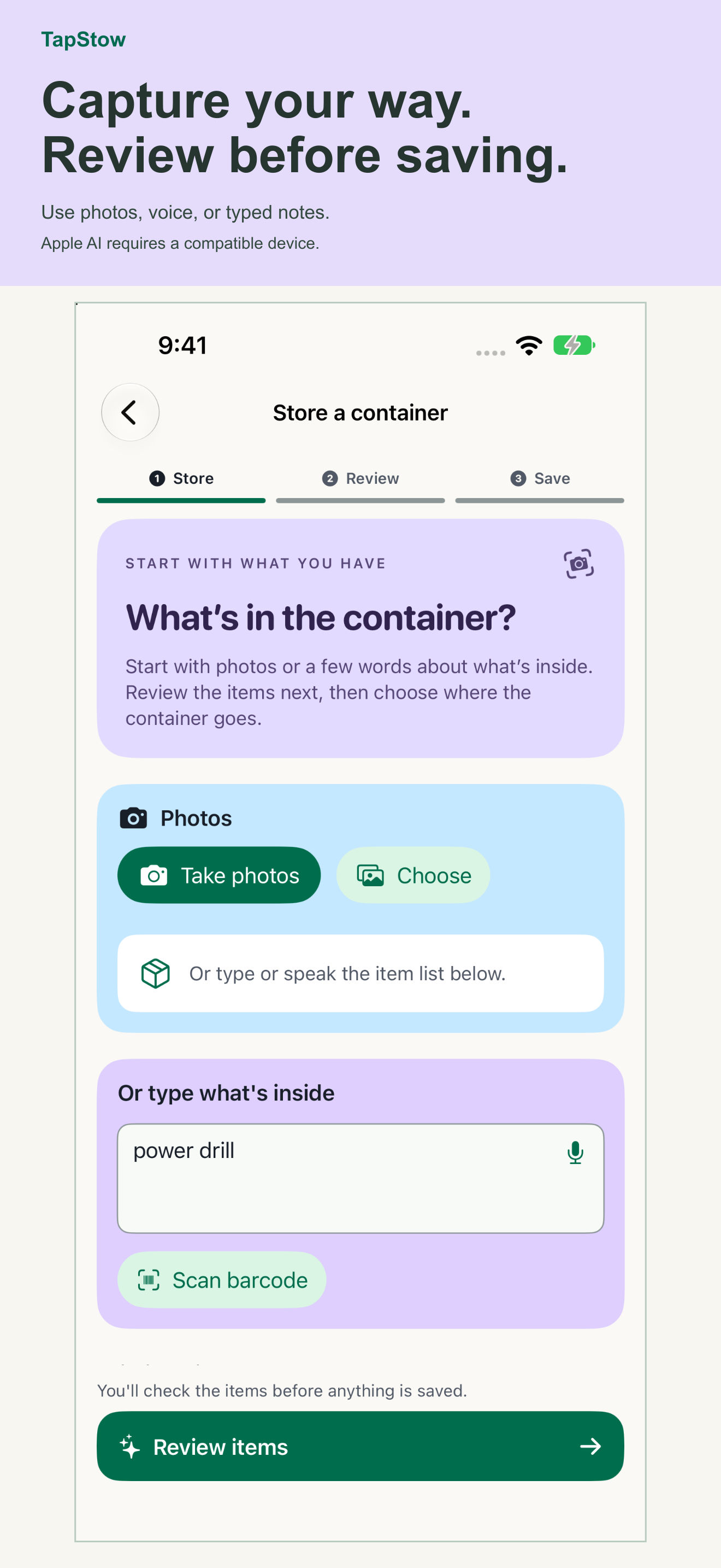 Capture options for photos, voice and notes