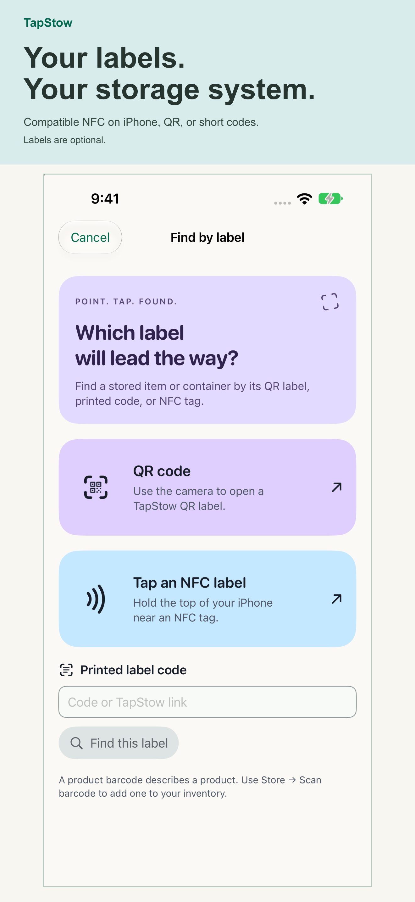 QR, NFC and printed-code lookup options