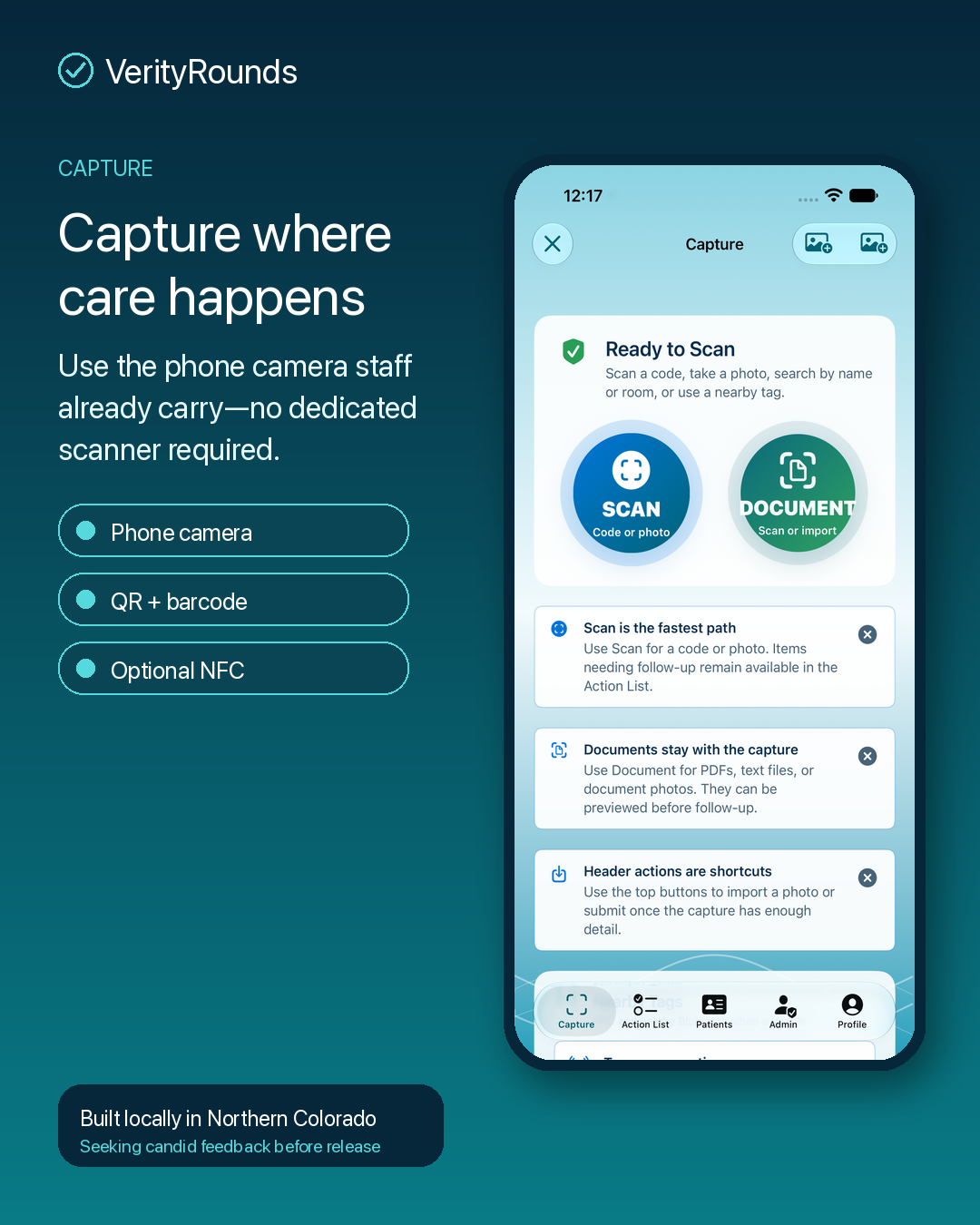VerityRounds Capture workflow with camera, QR, barcode, and NFC options using demonstration records