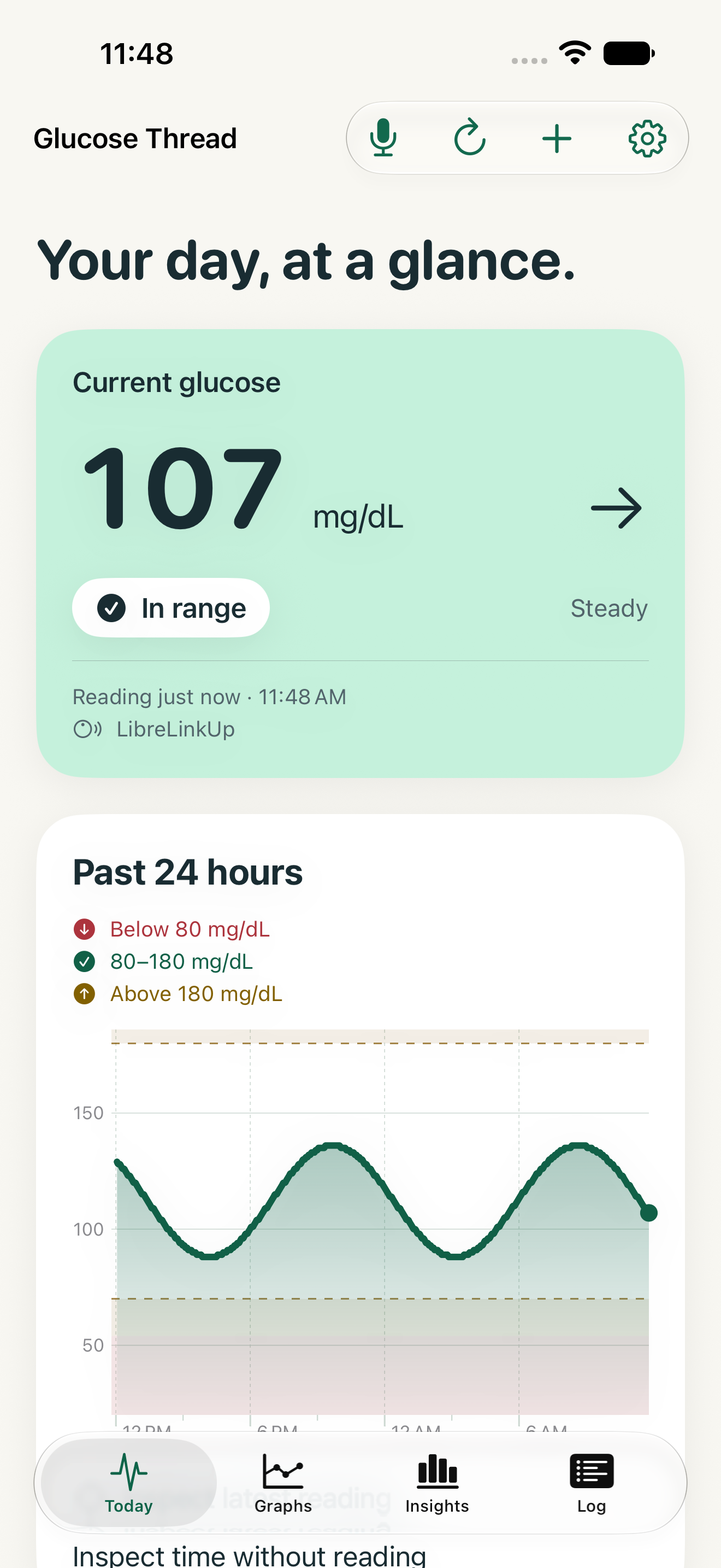 Glucose Thread dashboard showing the glucose source, reading time and recorded trend