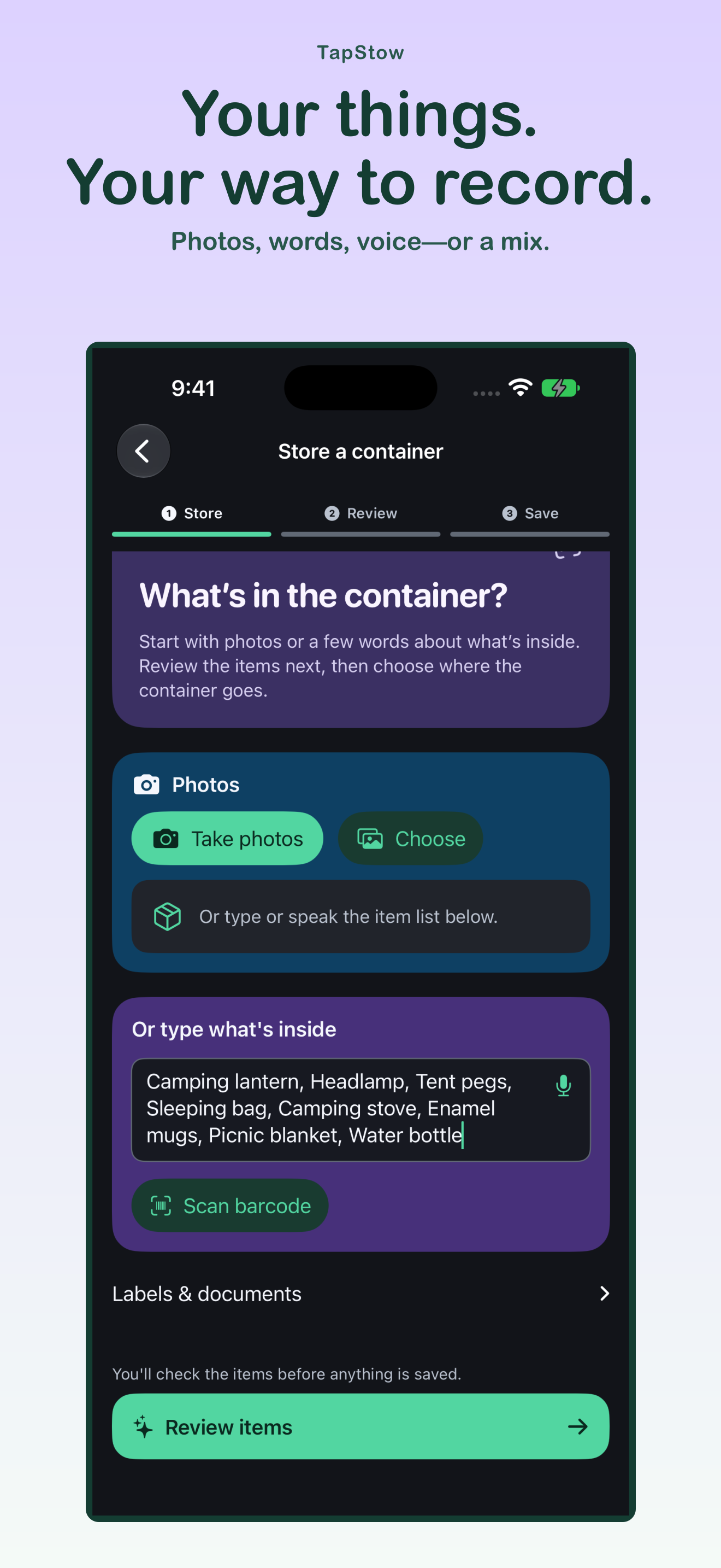 TapStow container capture options