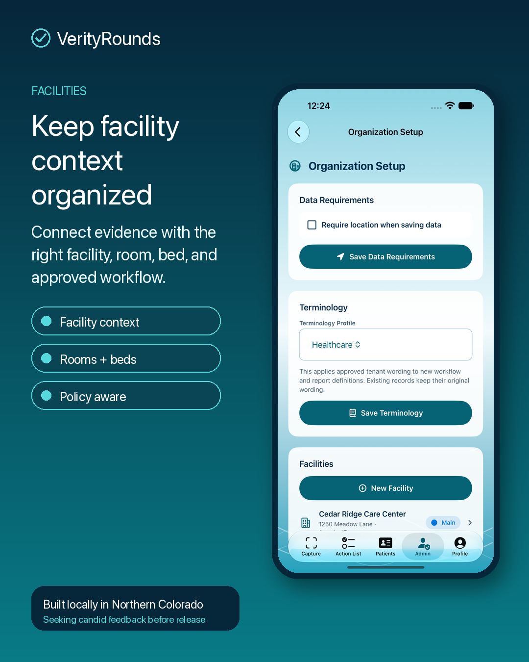 VerityRounds Facilities screen with data requirements and terminology controls