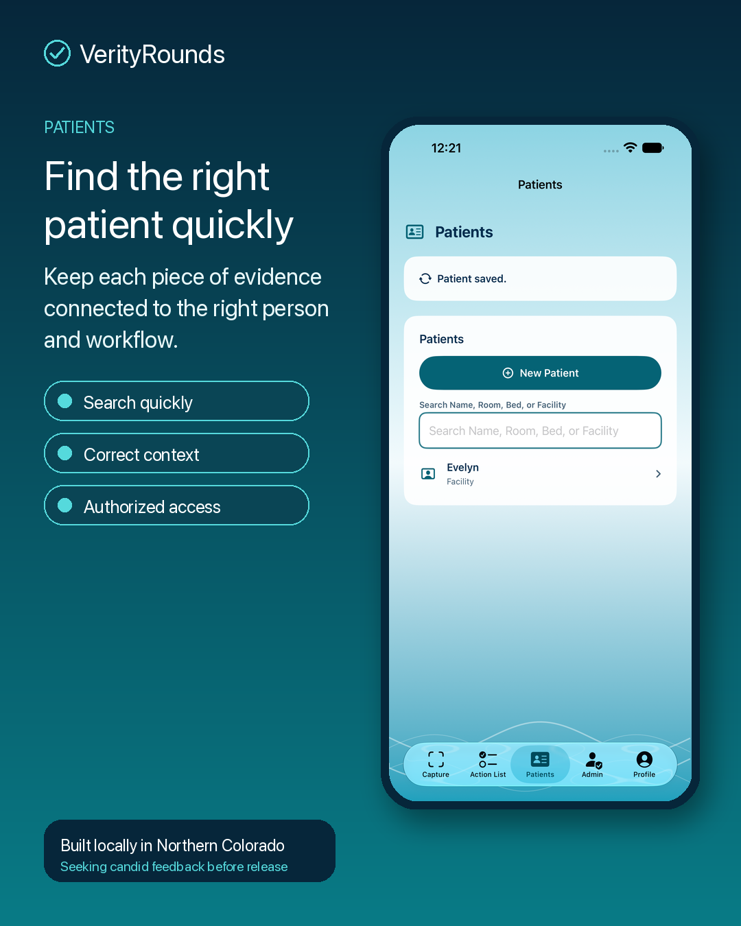 VerityRounds Patients screen with patient search and facility context