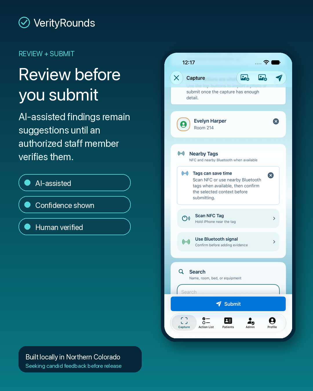 VerityRounds Review and Submit screen with patient and nearby tag context